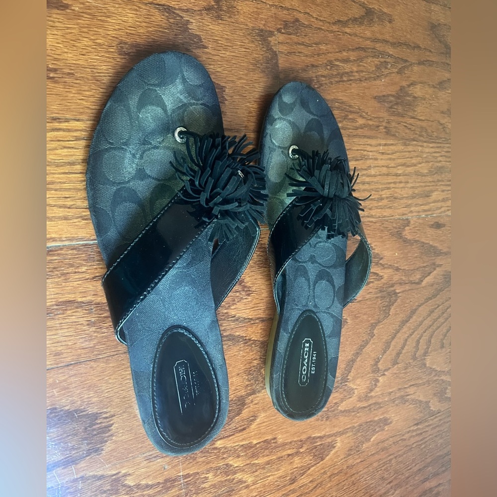 Coach Black Logo Flip Sandals with Tassel Pom Detail - Picture 4 of 5